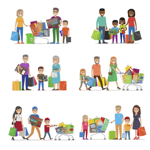 Familie auf Shoppingtour. Kinder und Eltern — Stockvektor