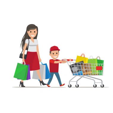Aile alışveriş illüstrasyon üzerinde. Anne ve oğlu