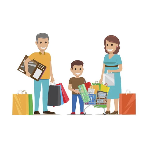 Compras familiares en supermercado Vector plano — Vector de stock