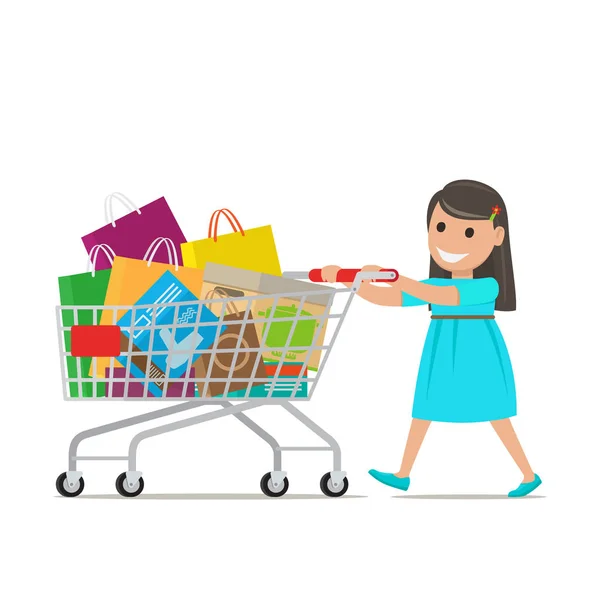 Menina com carrinho de compras faz compras — Vetor de Stock