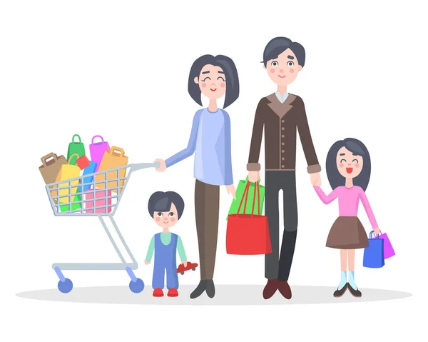 Familia de compras de dibujos animados plana Vector Concepto — Archivo Imágenes Vectoriales