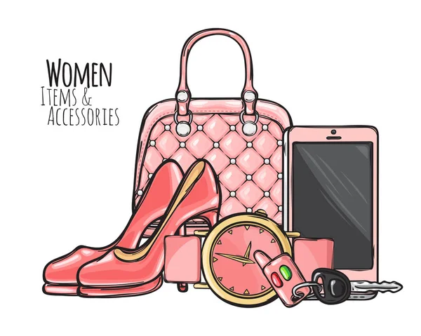 Mujer Artículos y Accesorios. Rosa objetos femeninos — Vector de stock