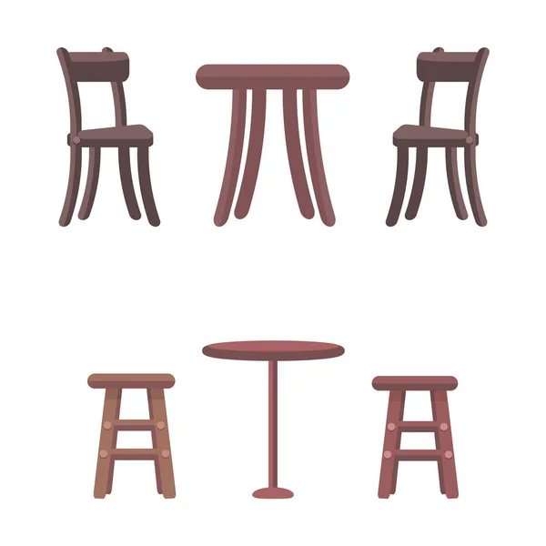 Sillas de madera y mesas redondas aisladas en blanco — Vector de stock