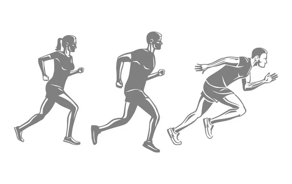 Conjunto de siluetas Runners. Carrera de hombres y mujeres — Vector de stock