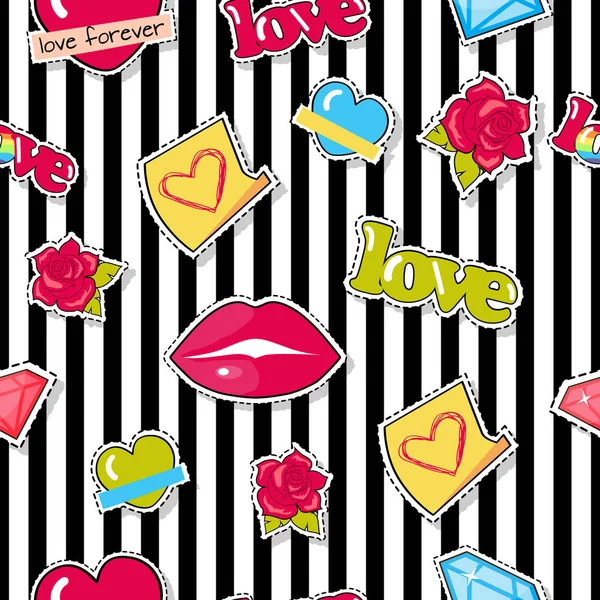 Seamless Pattern with Lips, Roses, Hearts, Diamond — Stock Vector