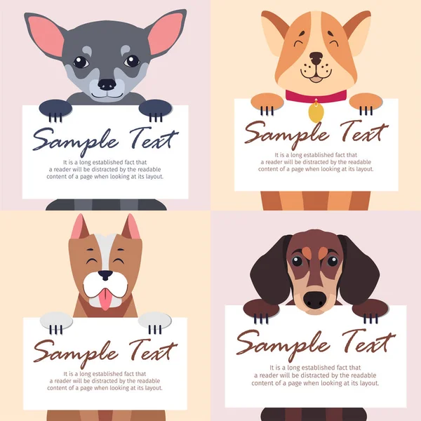 Vier reinrassige Hunde halten weiße Karten für Text — Stockvektor