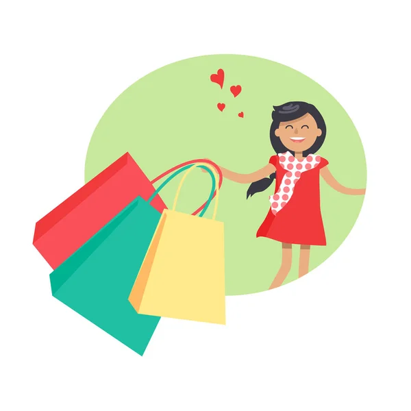 Concepto de compra con Smiling Girl Holding Packs — Vector de stock