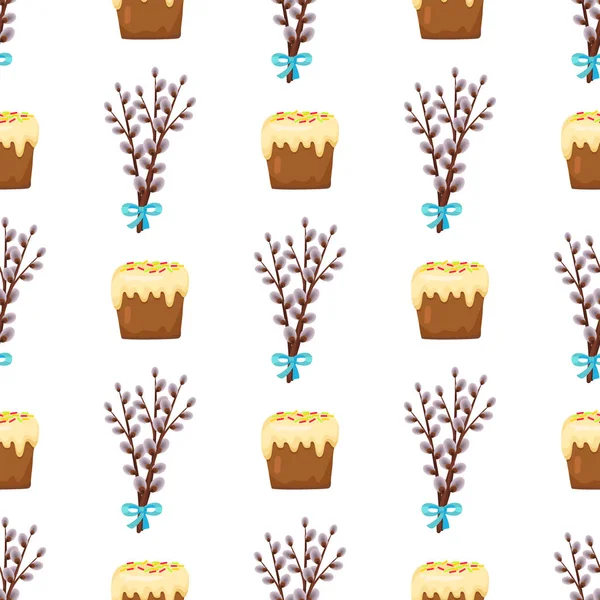 无缝模式在复活节概念柳树和蛋糕 — 图库矢量图片