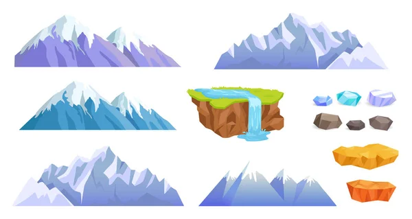 Montagnes avec neige, pierres de falaise, cascade — Image vectorielle