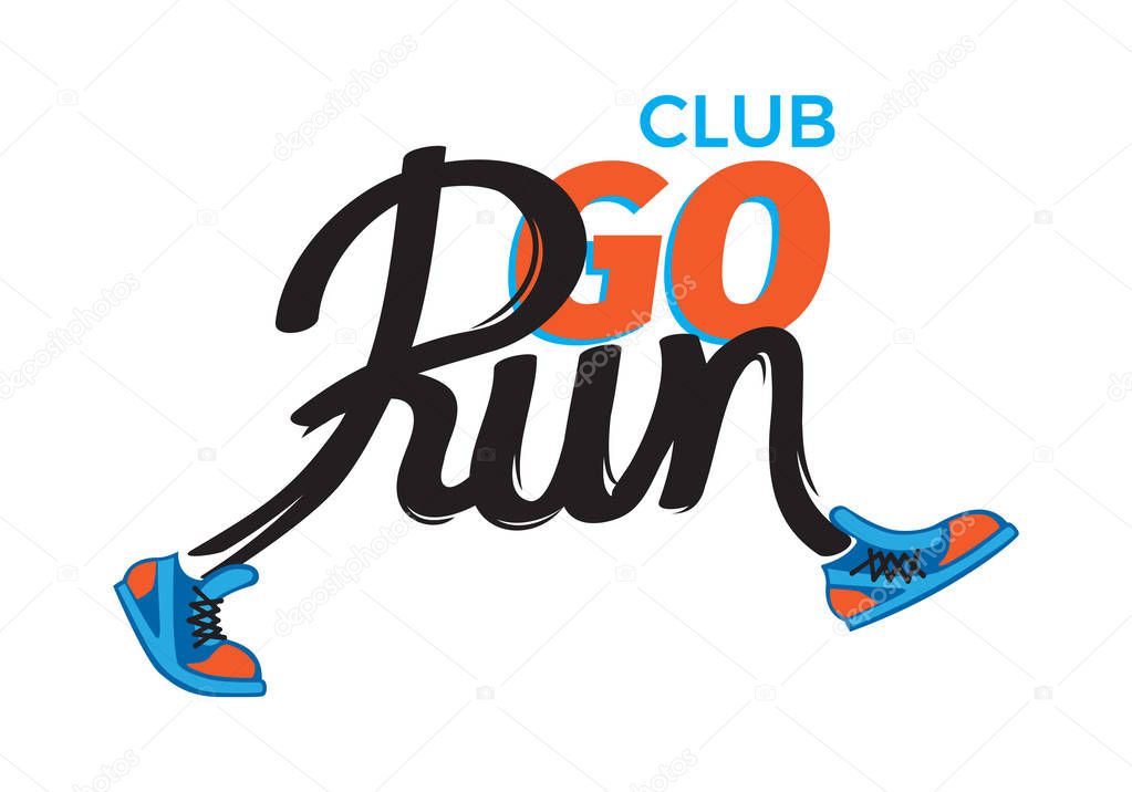 Club Go Run. Funny Inscription in Shoes on White