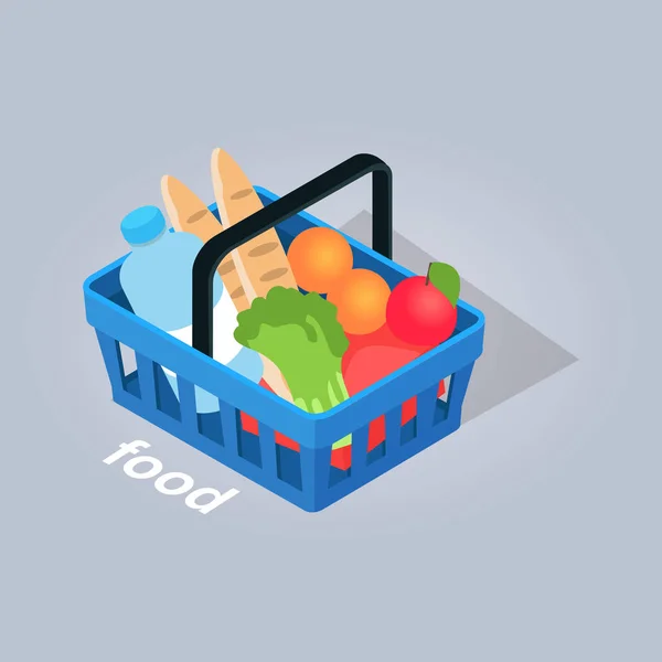 Comida en cesta de la tienda de comestibles Ilustración — Vector de stock