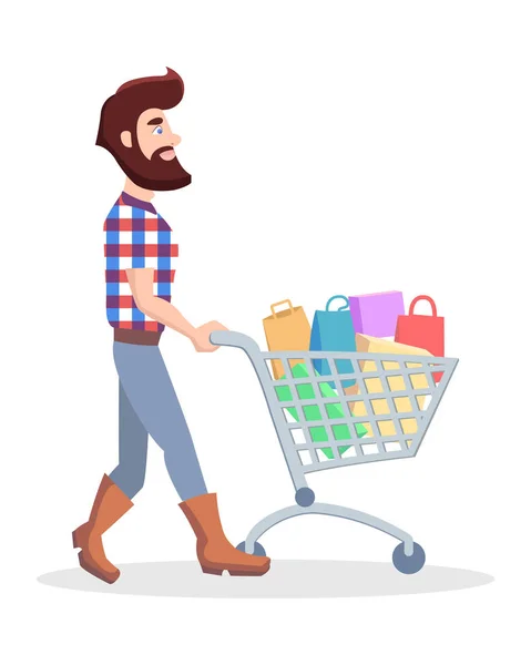 Hipster com carrinho de compras cheio de vetor de mercadorias —  Vetores de Stock