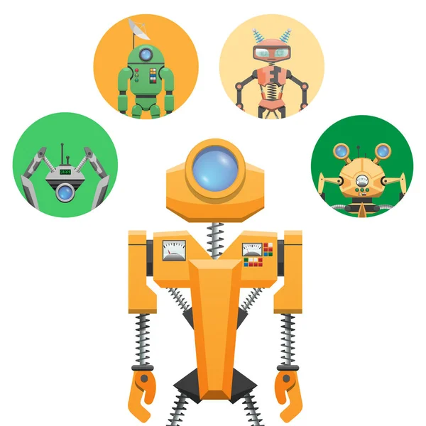 Robot amarillo con ojo redondo retráctil Cuatro iconos — Archivo Imágenes Vectoriales