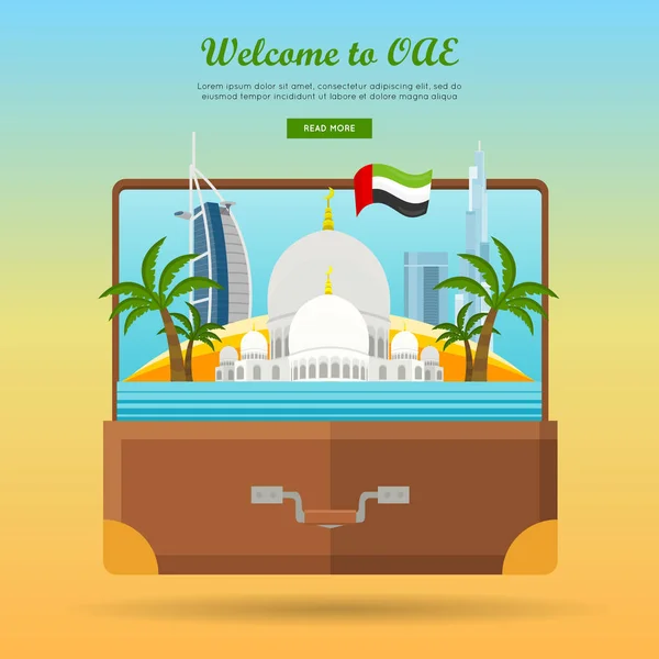 Emiratos Árabes Unidos Banner de viaje. Maleta. — Vector de stock
