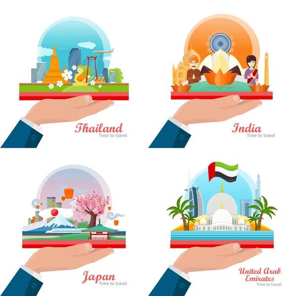 Welkom bij Japan, Thailand, India, Verenigde Arabische Emiraten. Reizen — Stockvector