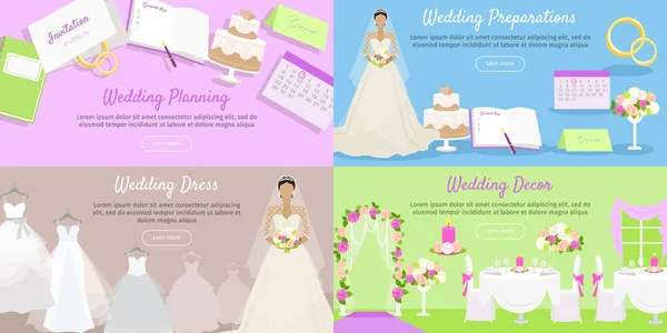 Preparación de la planificación de la boda, Banner de vestido de decoración . — Vector de stock