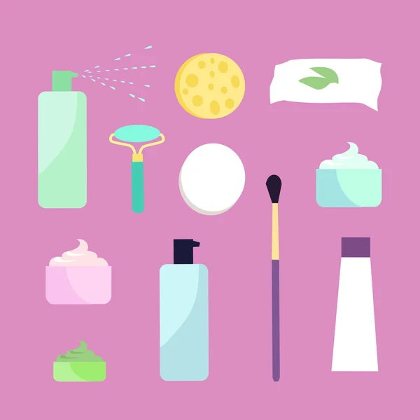 Elemente für Mädchen Gesicht waschen. Make-up-Tools. Vektor — Stockvektor