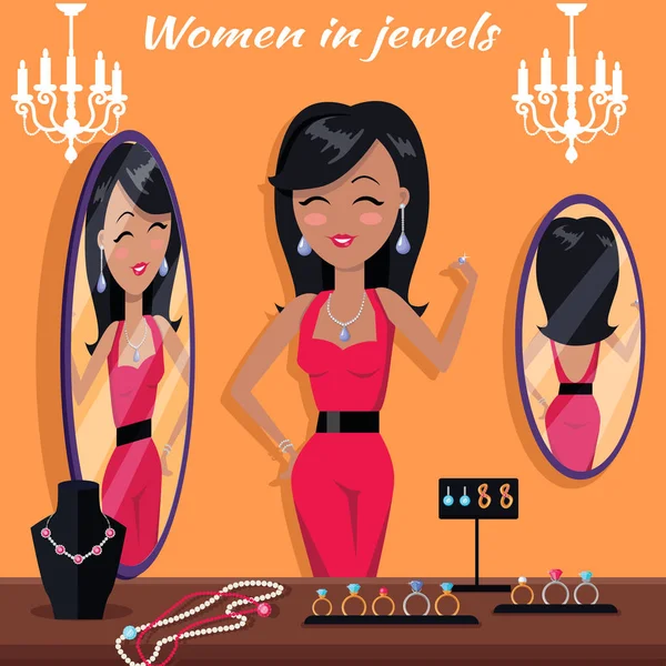 Mujeres en joyas frente al espejo. Banner de joyería — Vector de stock