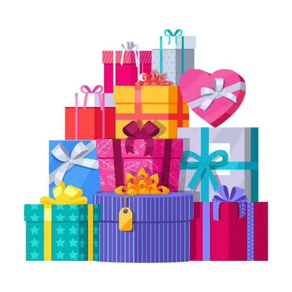 Montón de coloridas cajas de regalo envueltas — Vector de stock