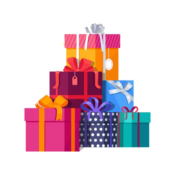 Montón de coloridas cajas de regalo envueltas — Vector de stock