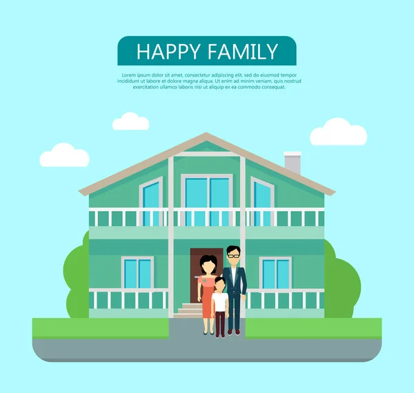 Familia feliz en el patio de su casa — Vector de stock