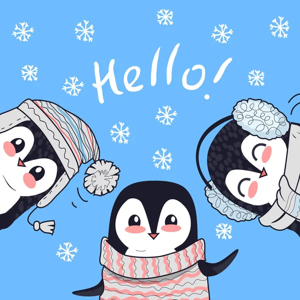 Trzy małe pingwiny powiedzieć pozdrowienia. Witam Banner — Wektor stockowy