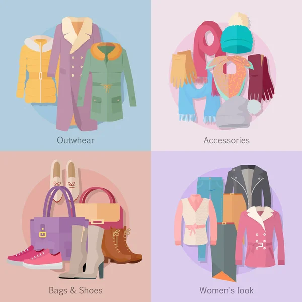 Outwear Accesorios Bolsas Zapatos Mujer Look banner — Archivo Imágenes Vectoriales