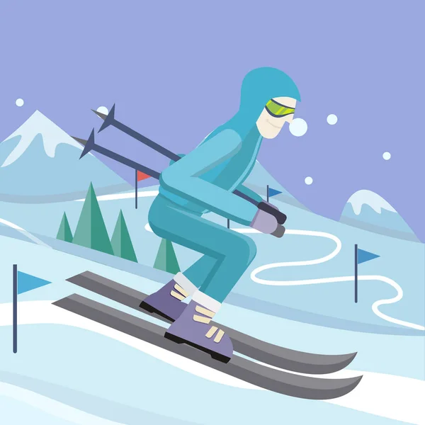 Skier on Slope Vector Illustration in Flat Design — Stock Vector