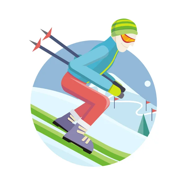 Esquiador en pendiente Vector Ilustración en diseño plano — Archivo Imágenes Vectoriales