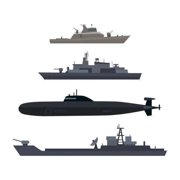 Naves navales conjunto barco militar o barco utilizado por la Marina — Archivo Imágenes Vectoriales