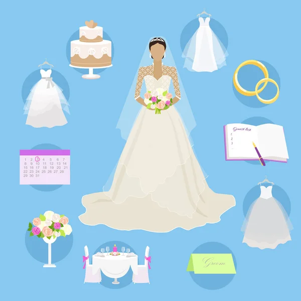 Elementos de la boda en botones redondos Concepto de matrimonio — Vector de stock