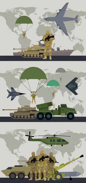 军事信息图表旗帜与世界地图。矢量 — 图库矢量图片