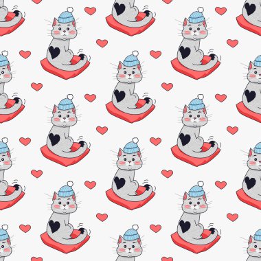 Mavi şapka ve kırmızı yastık de güzel kedi. Vektör