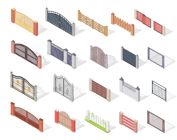 Conjunto de puertas y vallas en proyección isométrica — Archivo Imágenes Vectoriales