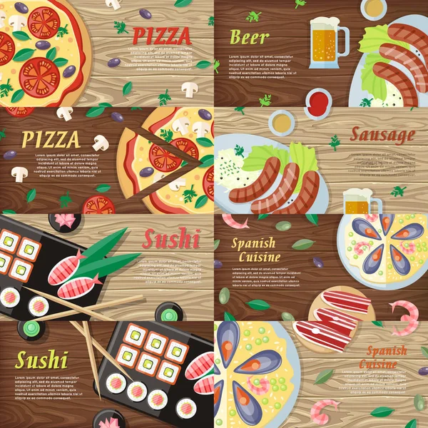 Set of National Dishes Flat Style Vector Banners - Stok Vektor