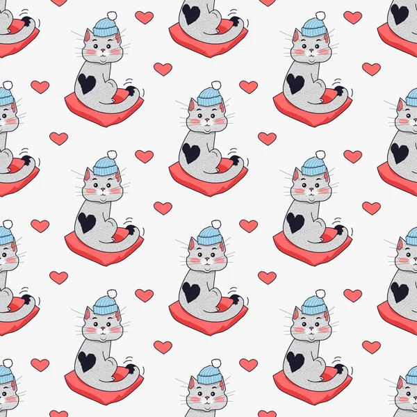 Mavi şapka ve kırmızı yastık de güzel kedi. Vektör