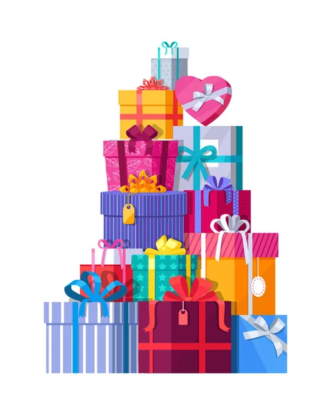 Montón de coloridas cajas de regalo envueltas — Vector de stock