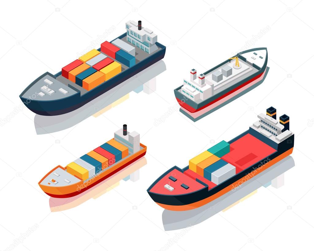 Set of Seagoing Cargo Ships Feeder Vessels. Vector