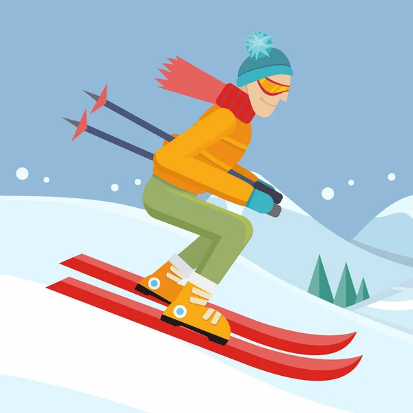 Skier on Slope Vector Illustration in Flat Design — Stock Vector