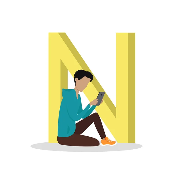 N Letter and Boy Reading E Book. ABC Vector — Stock Vector