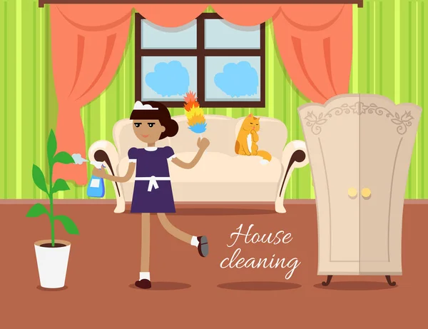 Vetor do conceito da limpeza da casa no projeto liso — Vetor de Stock