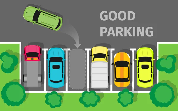 Goede parkeergelegenheid. Auto geparkeerd in aangewezen manier Vector — Stockvector