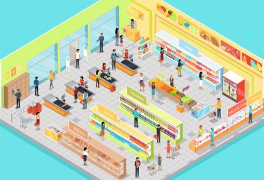 İzometrik projeksiyon süpermarket iç. 3D