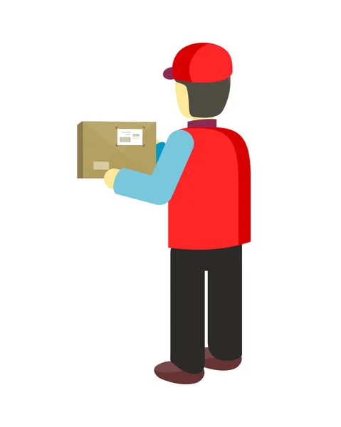 Delivery Man Worker Holds Package in his Hands — Stock Vector