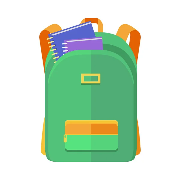 Ícone mochila escolar verde com cadernos — Vetor de Stock
