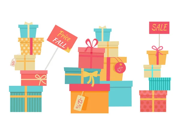 Gran pila de cajas de regalo envueltas Concepto de venta vectorial — Vector de stock