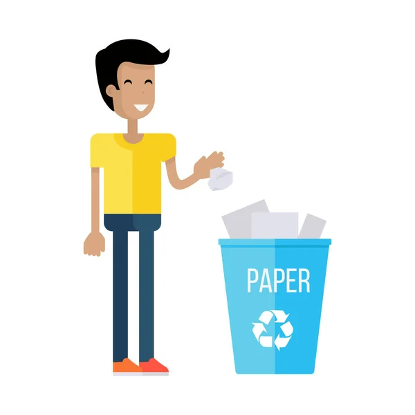 El hombre arroja el papel en la papelera de reciclaje azul — Vector de stock