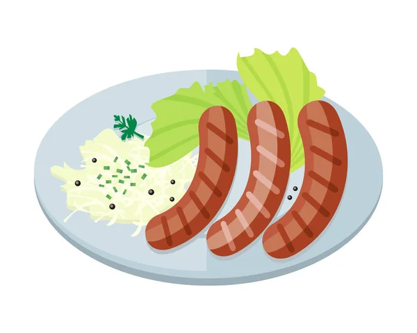 Saucisses bavaroises aux pâtes et laitue sur plaque — Image vectorielle