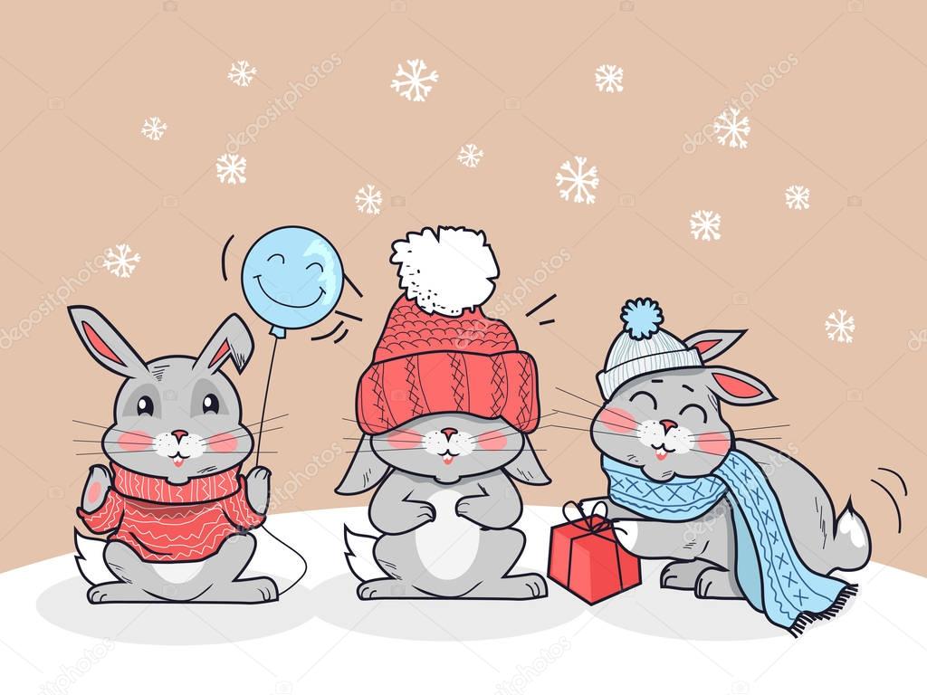 Happy Winter Cartoon Friends. Three Little Rabbits
