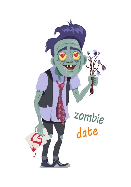 Zombie Date. Estar con Flores, Tarjeta de Saludo — Vector de stock
